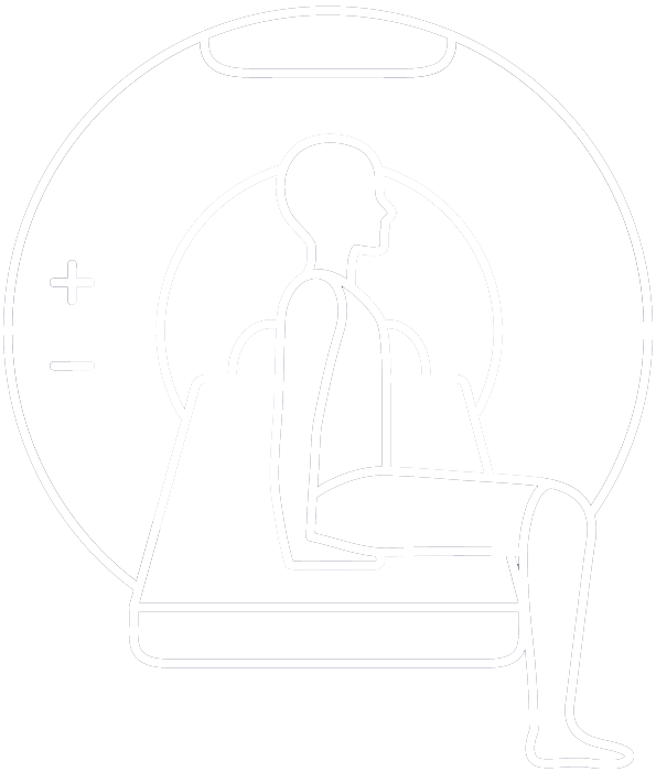 Line drawing of a person sitting in a medical imaging machine, likely an MRI or CT scanner, with a circular opening behind the person.