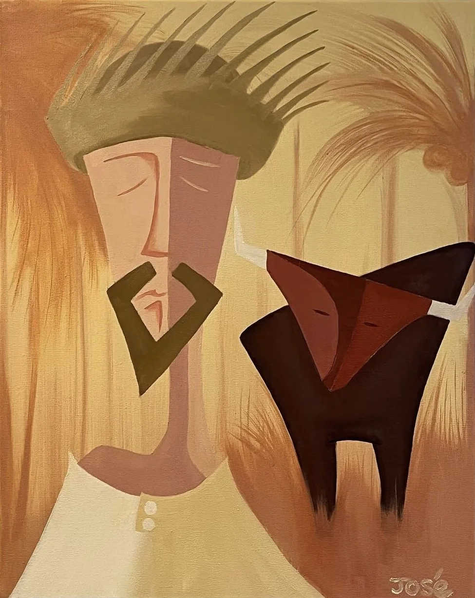 An abstract painting of a man with a tall, elongated face, a green hat, and a minimal mustache, standing next to a stylized black and red dog with a pointed snout, set against a warm, orange-toned background.