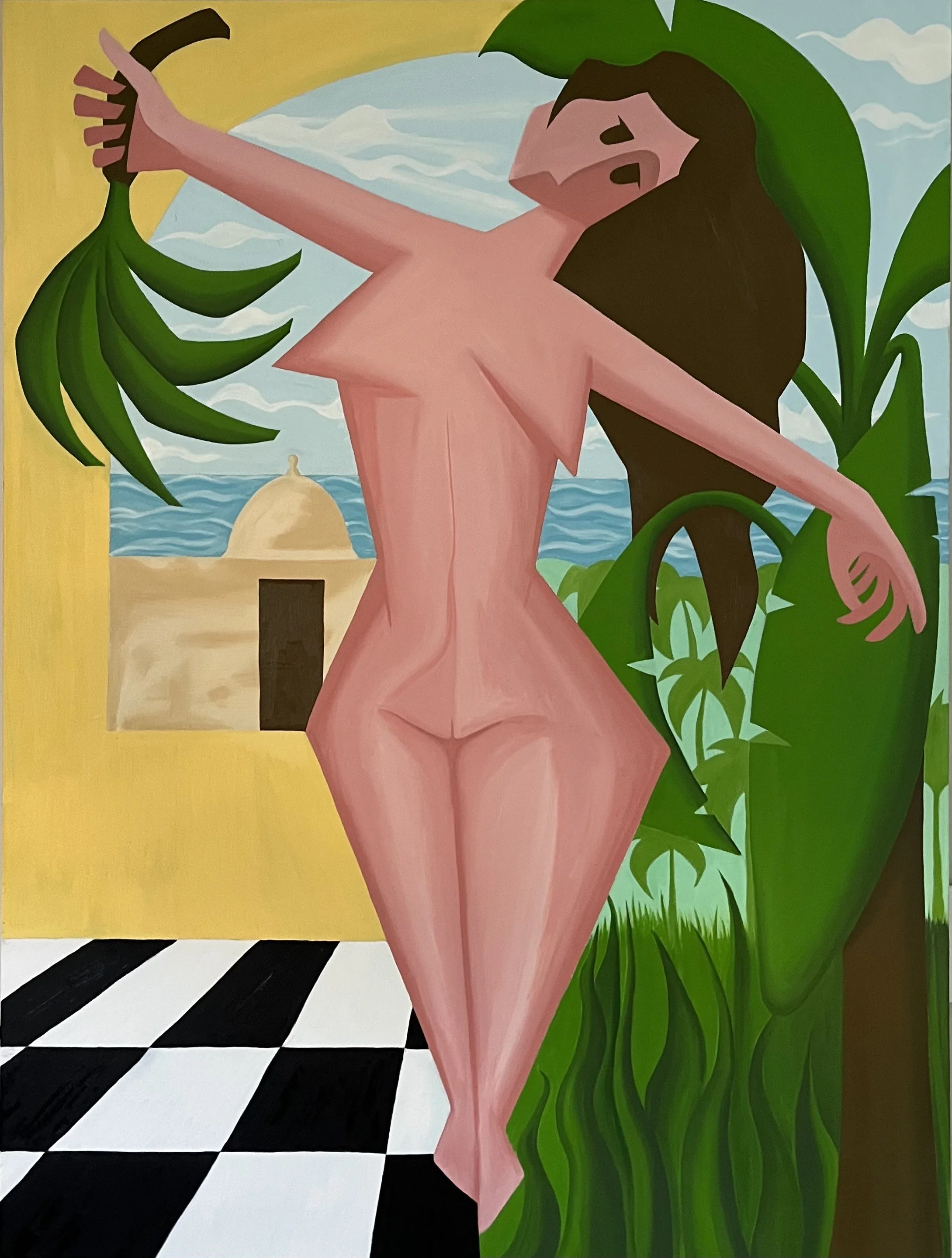 A stylized, abstract painting of a nude woman with long dark hair, standing in front of a window with a yellow wall, with green plants and a seascape in the background, and a black and white checkered floor.