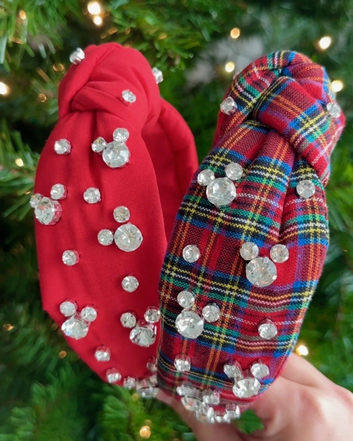 Red & Plaid Crystal Headband Set