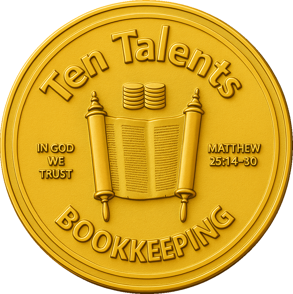 A gold coin with the words "Ten Talents Bookkeeping," an open Torah scroll, three stacked coins, and a Bible verse reference from Matthew 25:14-30.