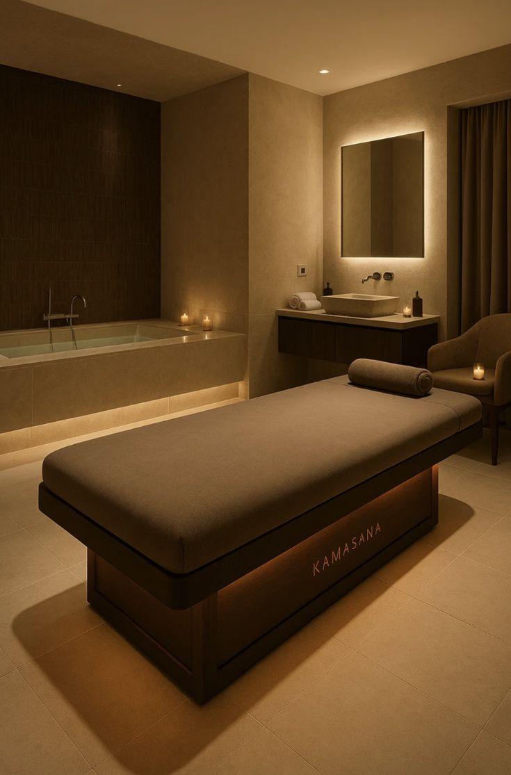 Spa room with massage table, candles, bathtub, mirror with backlight, sink, armchair, and neutral-colored decor.