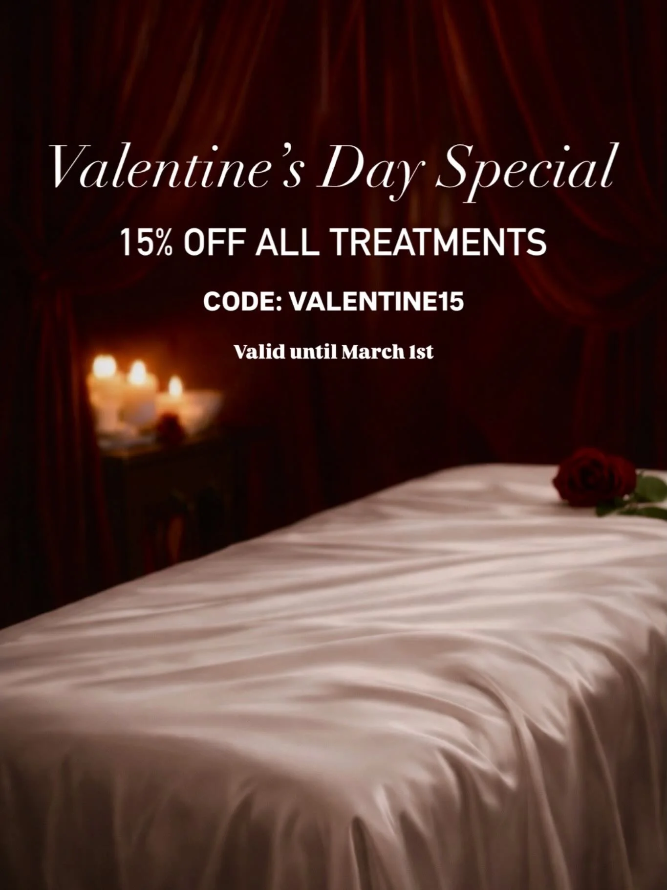 This Valentine&rsquo;s, choose rest.
Whether you&rsquo;re celebrating love with someone special
or pouring it back into yourself &mdash;
your body deserves it.

❤️Valentine&rsquo;s Special
15% OFF all treatments
Use code: VALENTINE15
Valid until Marc