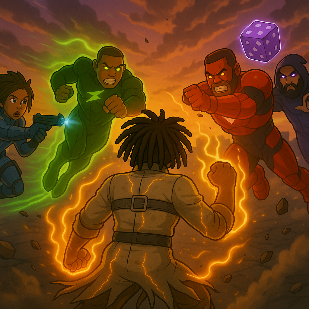 Five superheroes face off against a villain with glowing fists and lightning surrounding him, set against a dramatic orange sky. One hero is shooting a gun, while others fly or stand ready for battle. A purple die is floating in the sky.