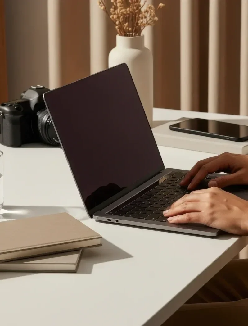 Person typing on a laptop with a camera, notebooks, a glass of water, a white vase with dried flowers, and a smartphone on a white desk.