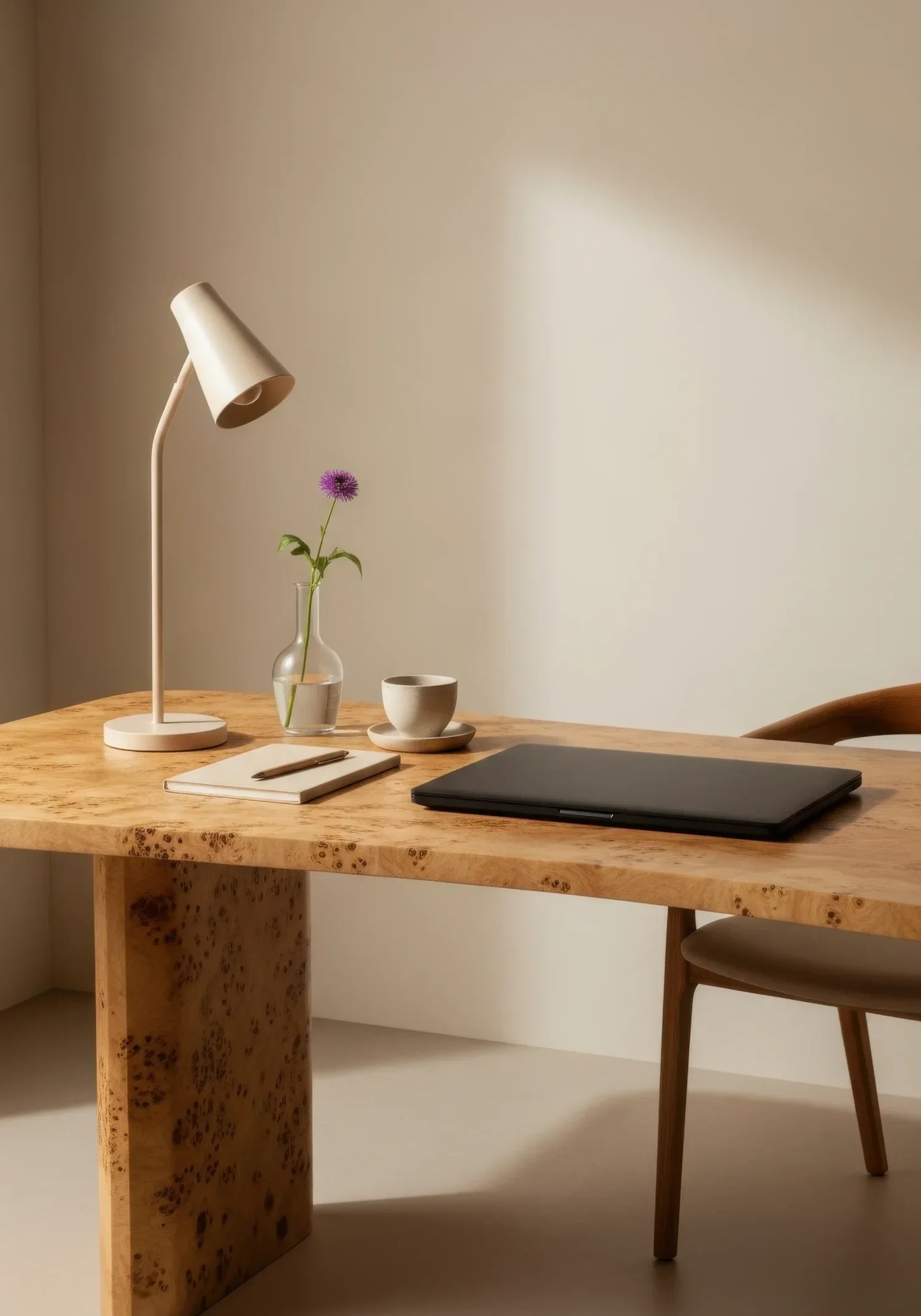 A minimalist wooden desk with a white desk lamp, a glass vase with a purple flower, a white cup with a saucer, a closed black laptop, a notebook, and a pen. A wooden chair is partially visible.