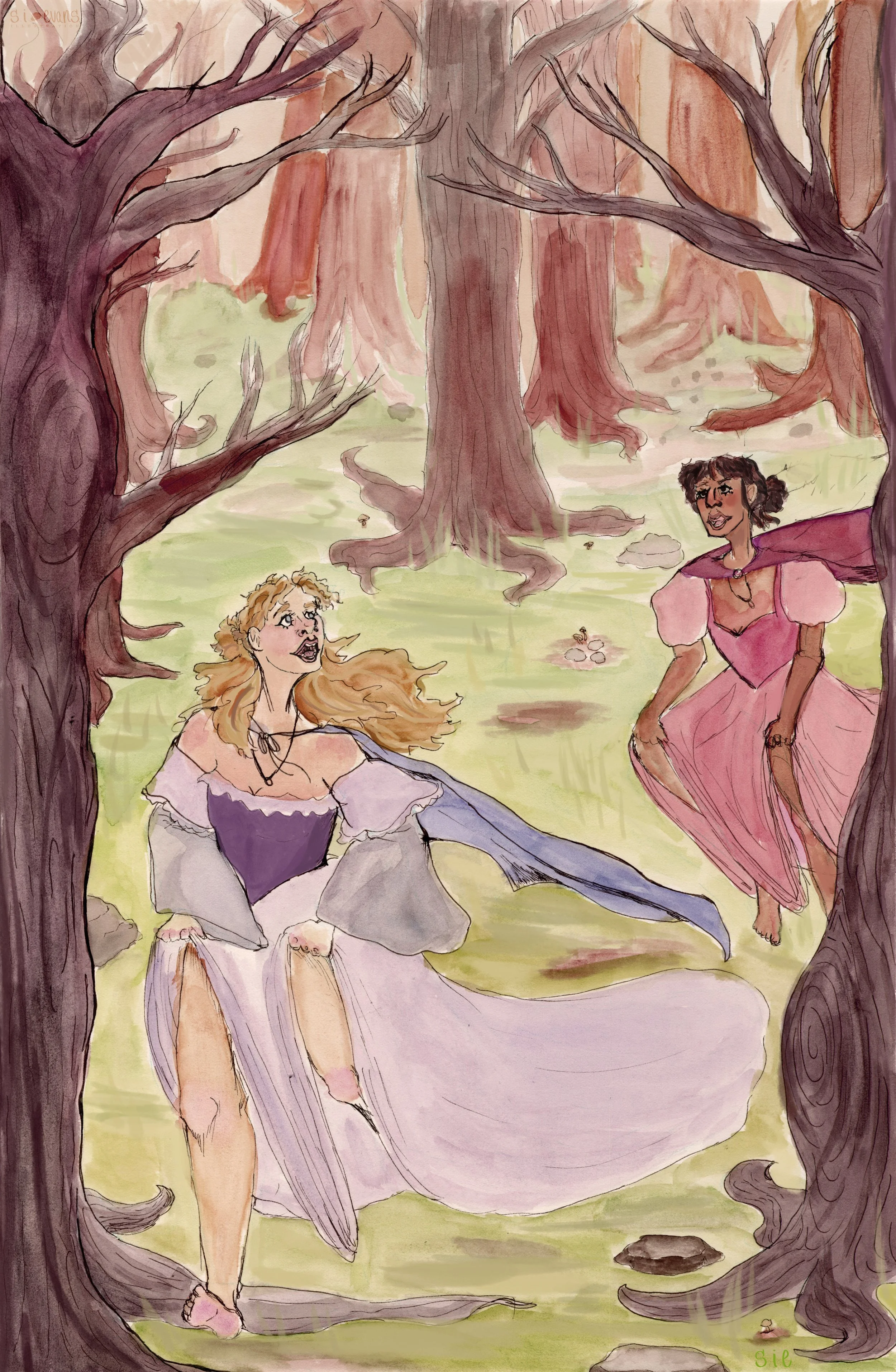 S. I. Evans, "Sapphic Runaways," 11x17. Watercolor, May 2025