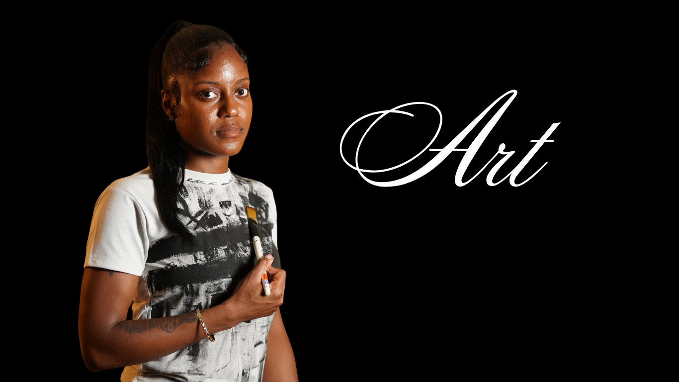 A woman holding a paintbrush, standing in front of a black background with the word 'Art' written in elegant white script.