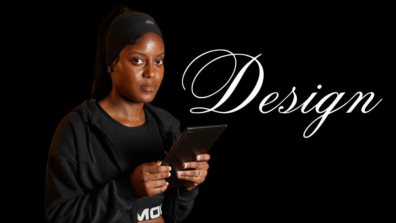 A woman with dark skin, wearing a black sports headband and black hoodie, holding a tablet against a black background with the word 'Design' written in elegant script.