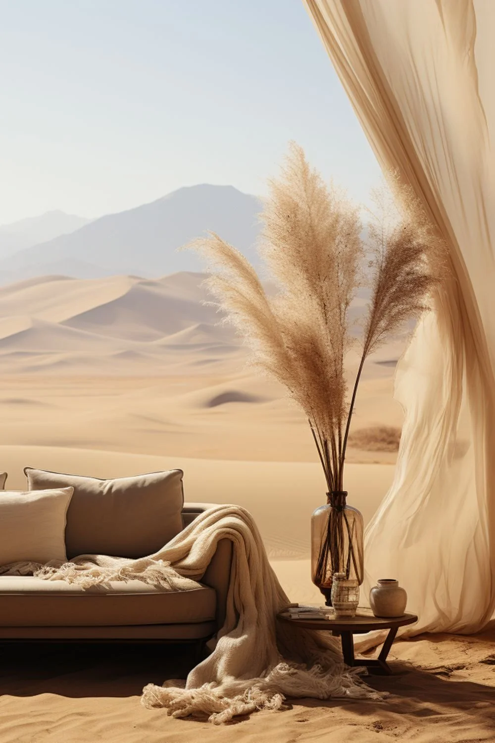 A cozy living room with a beige sofa, soft blankets, and pillows, set against a desert landscape mural with dunes and mountains. A round wooden table holds vases with dried pampas grass, creating a warm, earthy atmosphere.