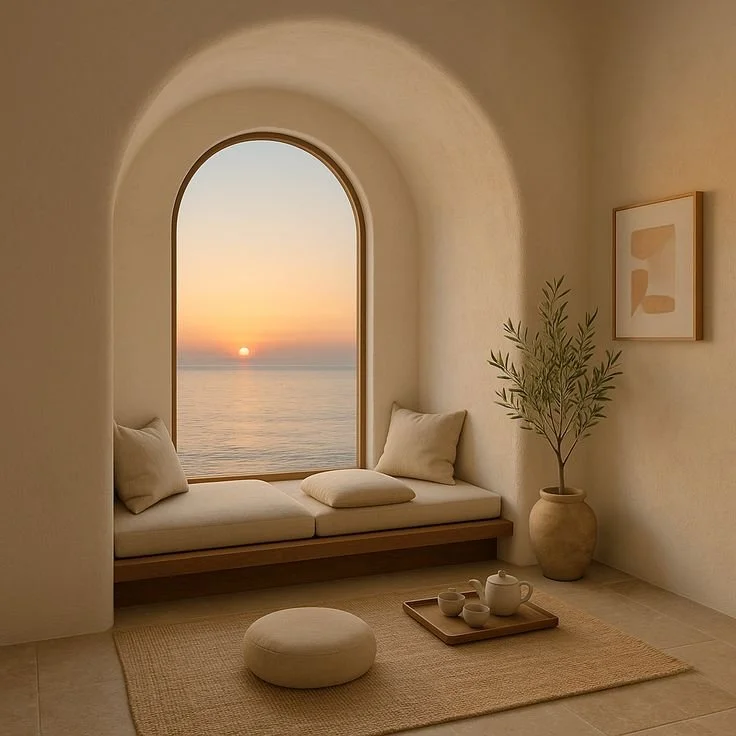 A cozy interior with a built-in window seat under an arched window, overlooking the ocean sunset. The space is decorated in neutral tones with cushions, a potted plant, abstract artwork, and a tea set on a tray on the rug.