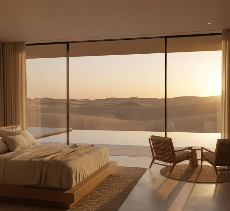 Modern bedroom with a large floor-to-ceiling window overlooking desert dunes during sunset, featuring a bed, two chairs, and a small round rug.