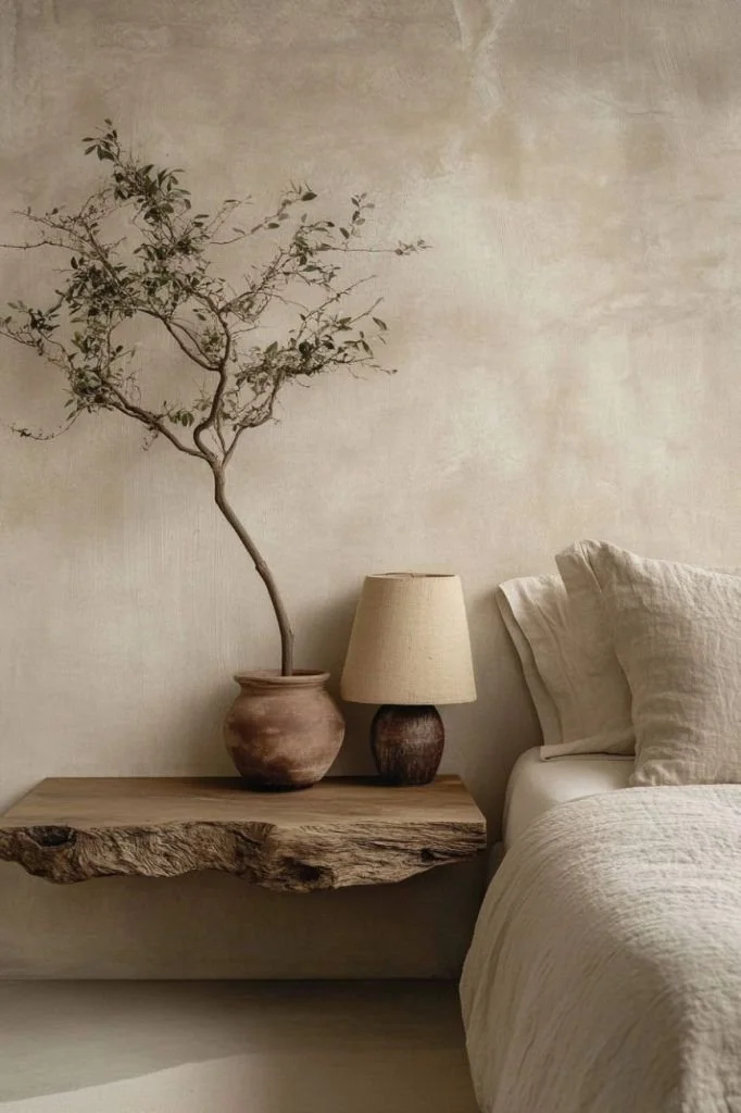 A rustic bedroom corner with a floating wooden shelf holding a potted plant with a twisting tree branch, a beige table lamp, and a smaller dark brown lamp. Part of a bed with light-colored bedding and pillows is visible.