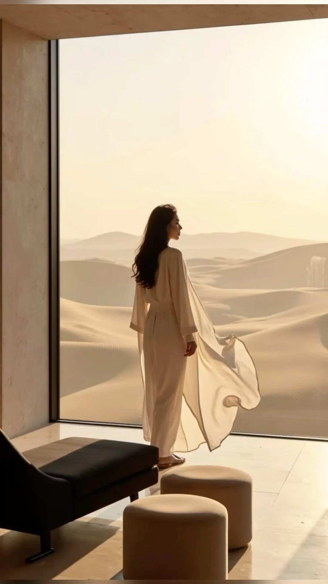 A woman standing indoors looking out a large window at sand dunes in a desert landscape, with minimal furniture in the room.