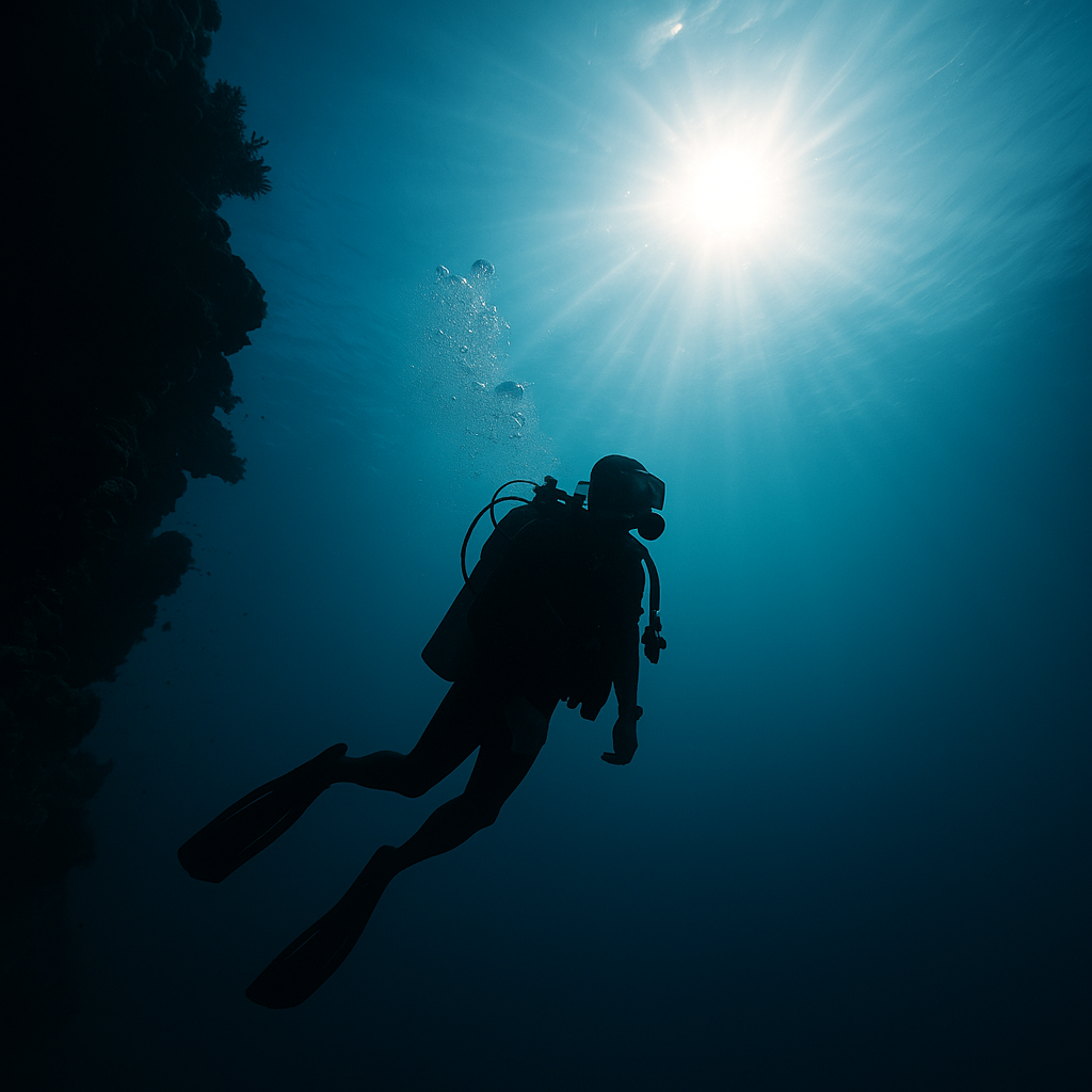 Scuba diver underwater adjusting mask and gear, representing the use of ear protection like SurfEars during dives.