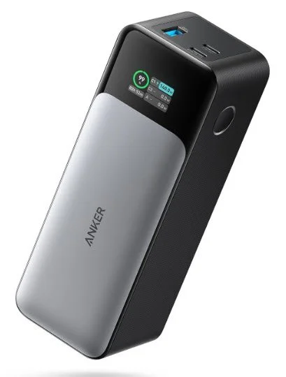 Slim Anker portable power bank with digital display showing remaining charge.