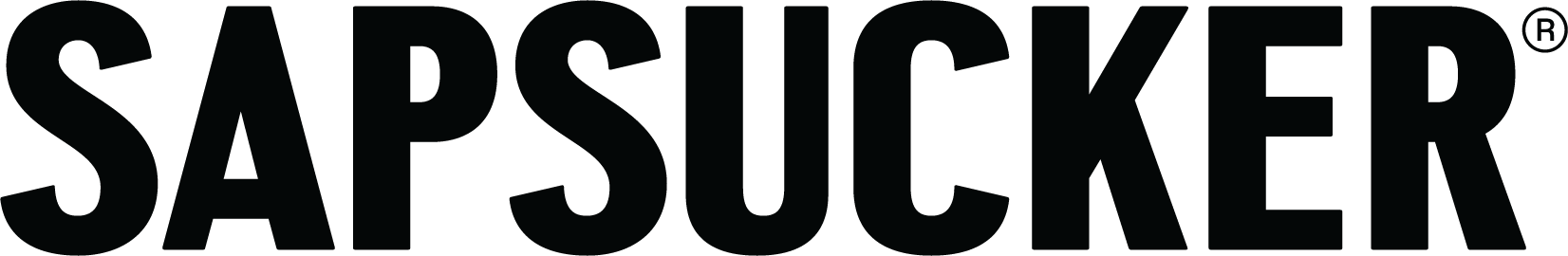 Close-up of a portion of a black logo with the word "SAPSUCKER" in large, bold letters.