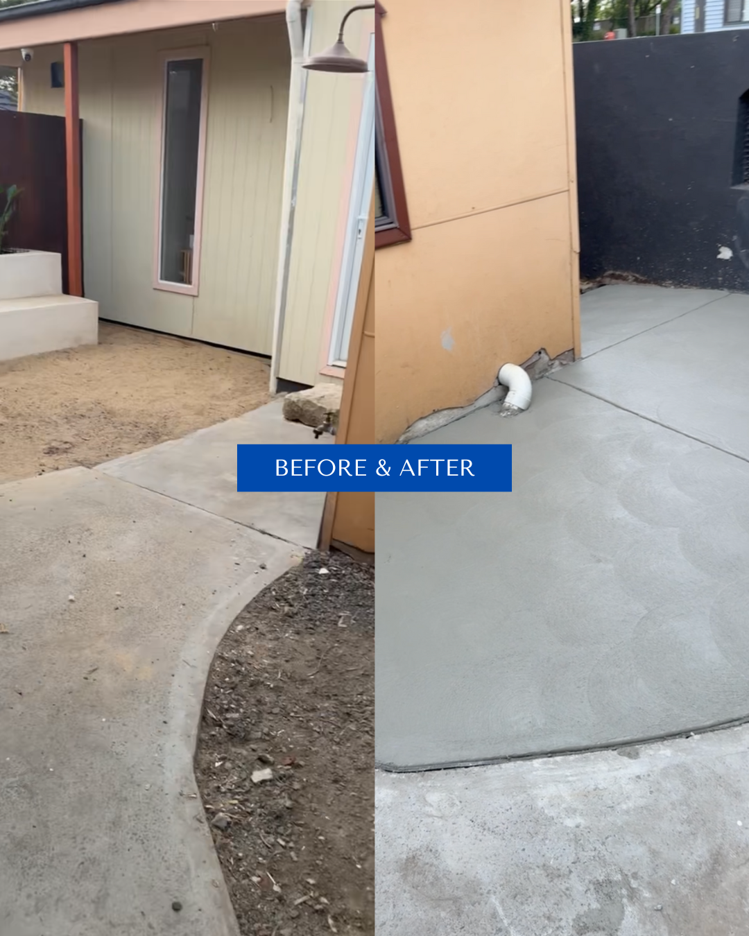 Comparison of a concrete patio area before and after resurfacing. The 'before' side shows a rough, uneven, and partially dirt-covered concrete surface, while the 'after' side shows a smooth, freshly poured, and sealed concrete surface with a clean finish.