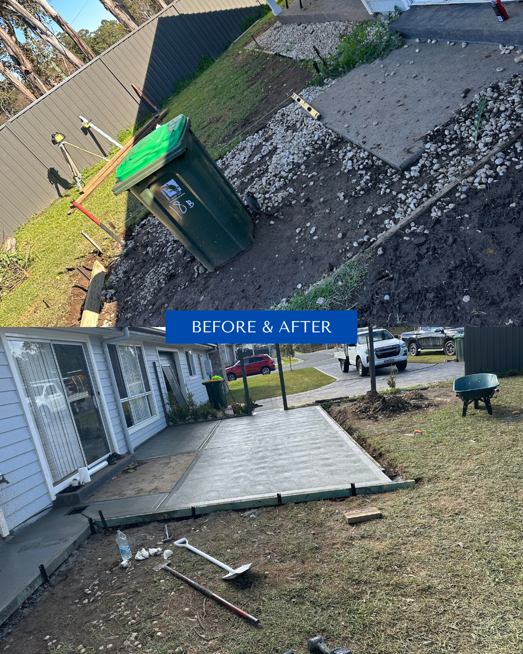 Side yard with new concrete patio installed.