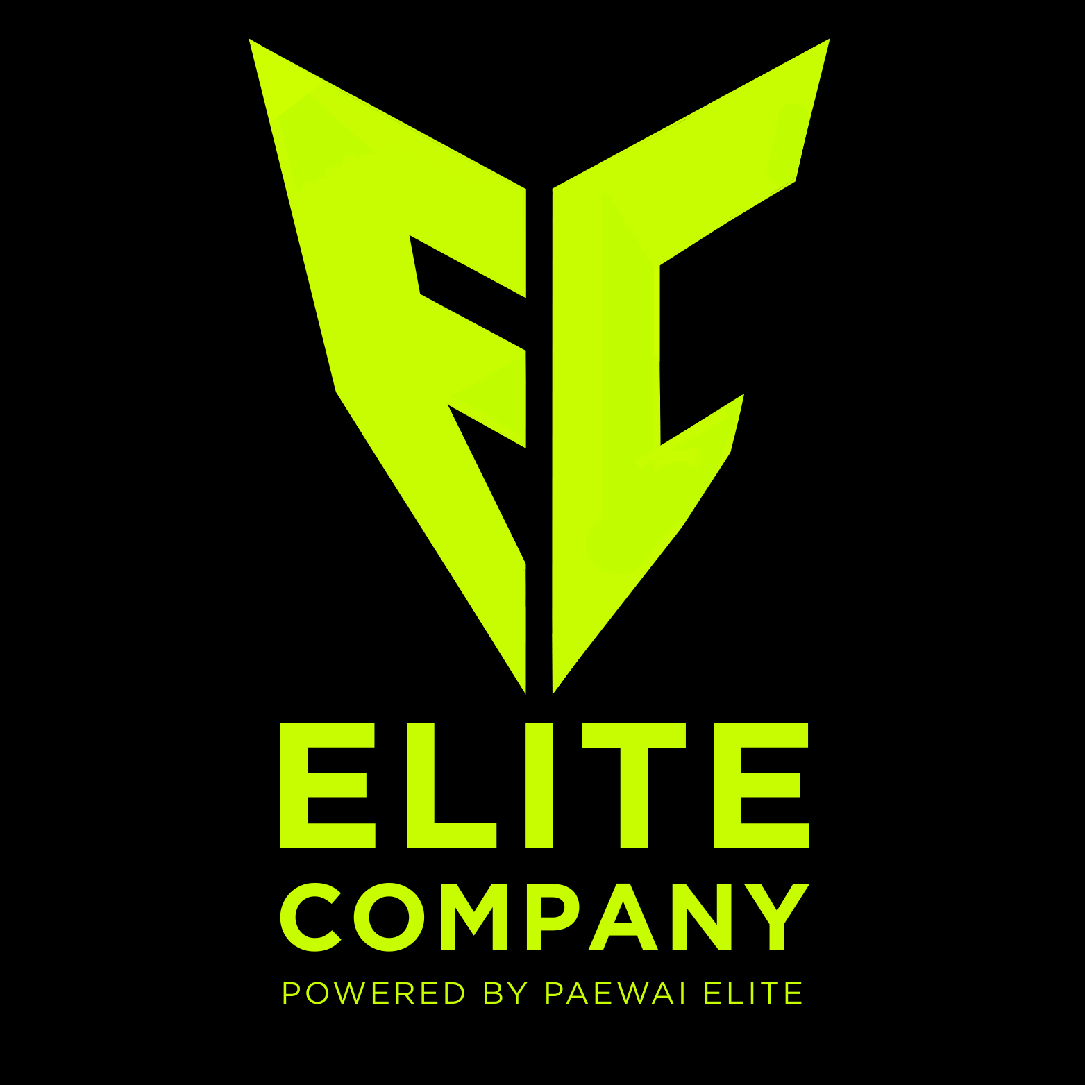 A logo for Elite Company featuring a stylized, bright green shield with the initials E and C entwined, underlined by the words "ELITE COMPANY" in bold green text, with the subtext "Powered by Paewa Elite" in smaller green letters on a black background.