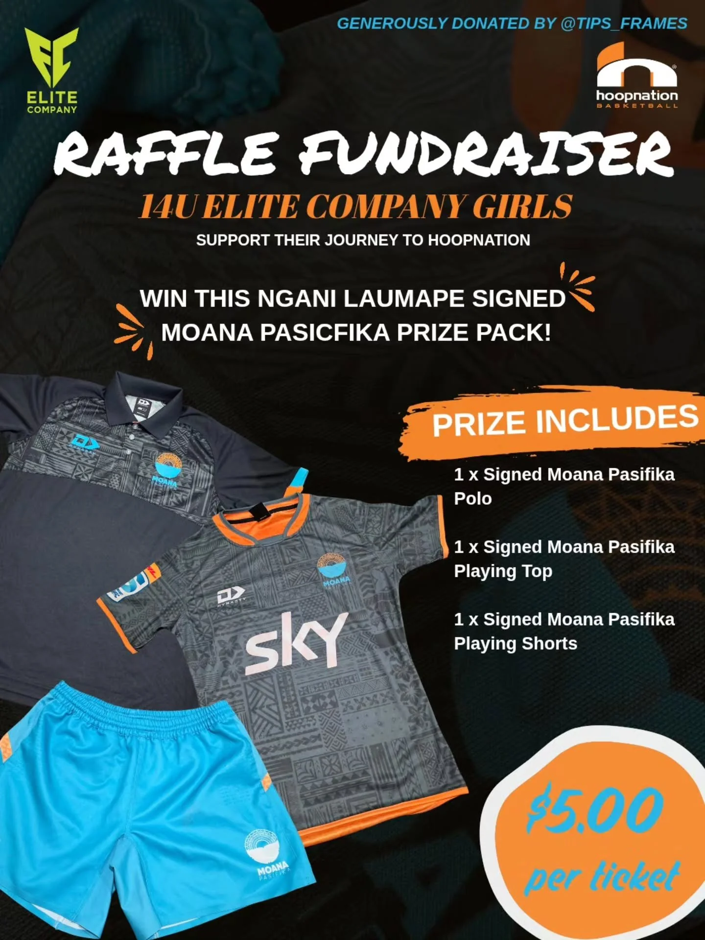 WIN SIGNED RUGBY GEAR &amp; SUPPORT OUR GIRLS! 

On behalf of our 14U Girls Hoopnation team, they've been incredibly lucky to have a generous parent donate this awesome Moana Pasifika apparel set, signed by Ngani Laumape!

🎟️ $5 per ticket (up to 10