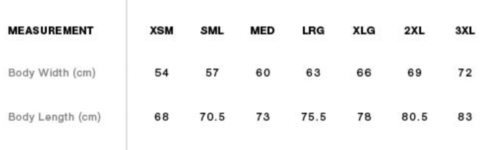 A size chart displaying measurements for body width and length in centimeters, ranging from XSM to 3XL.
