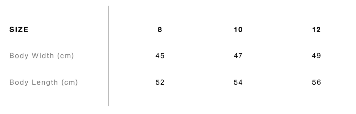 Size chart with measurements for children in sizes 8, 10, and 12, including body width and body length in centimeters.