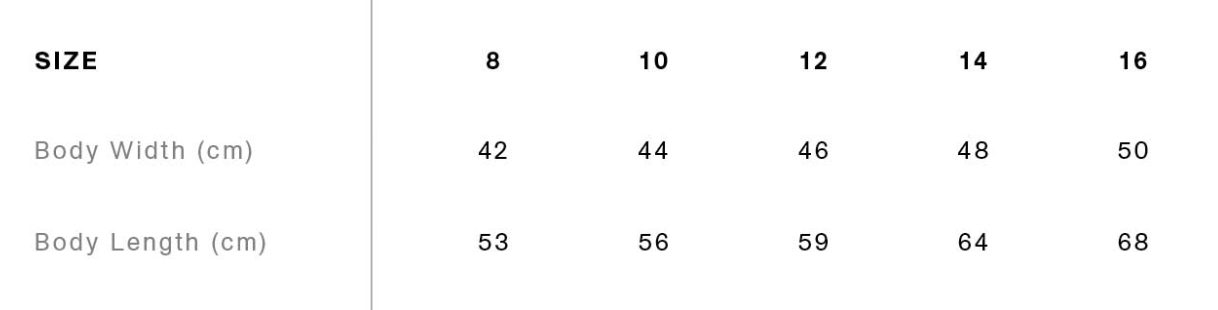 Size chart showing body measurements in centimeters, with sizes 8, 10, 12, 14, and 16, including body width and body length specifications.