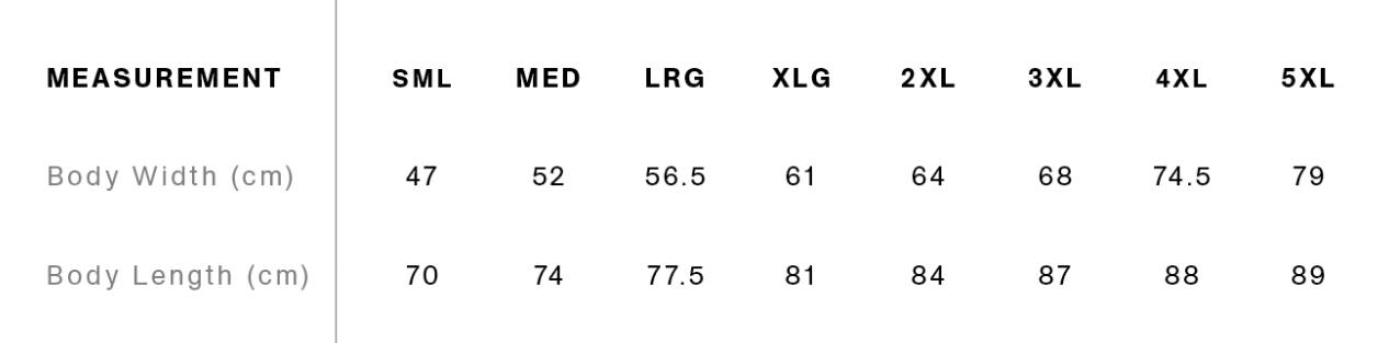 Size chart displaying measurements in centimeters for different t-shirt sizes, including body width and length for sizes SML through 5XL.