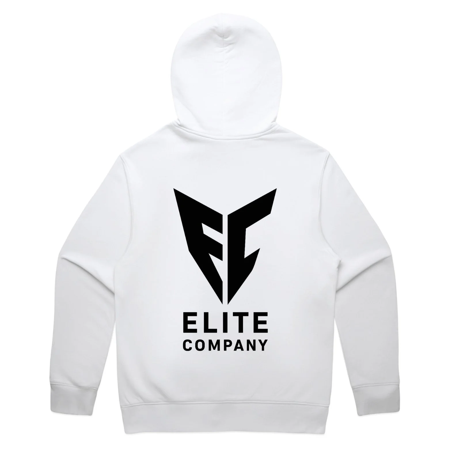 White hoodie with a large black logo resembling a stylized shield or eagle and the words "ELITE COMPANY" printed below.