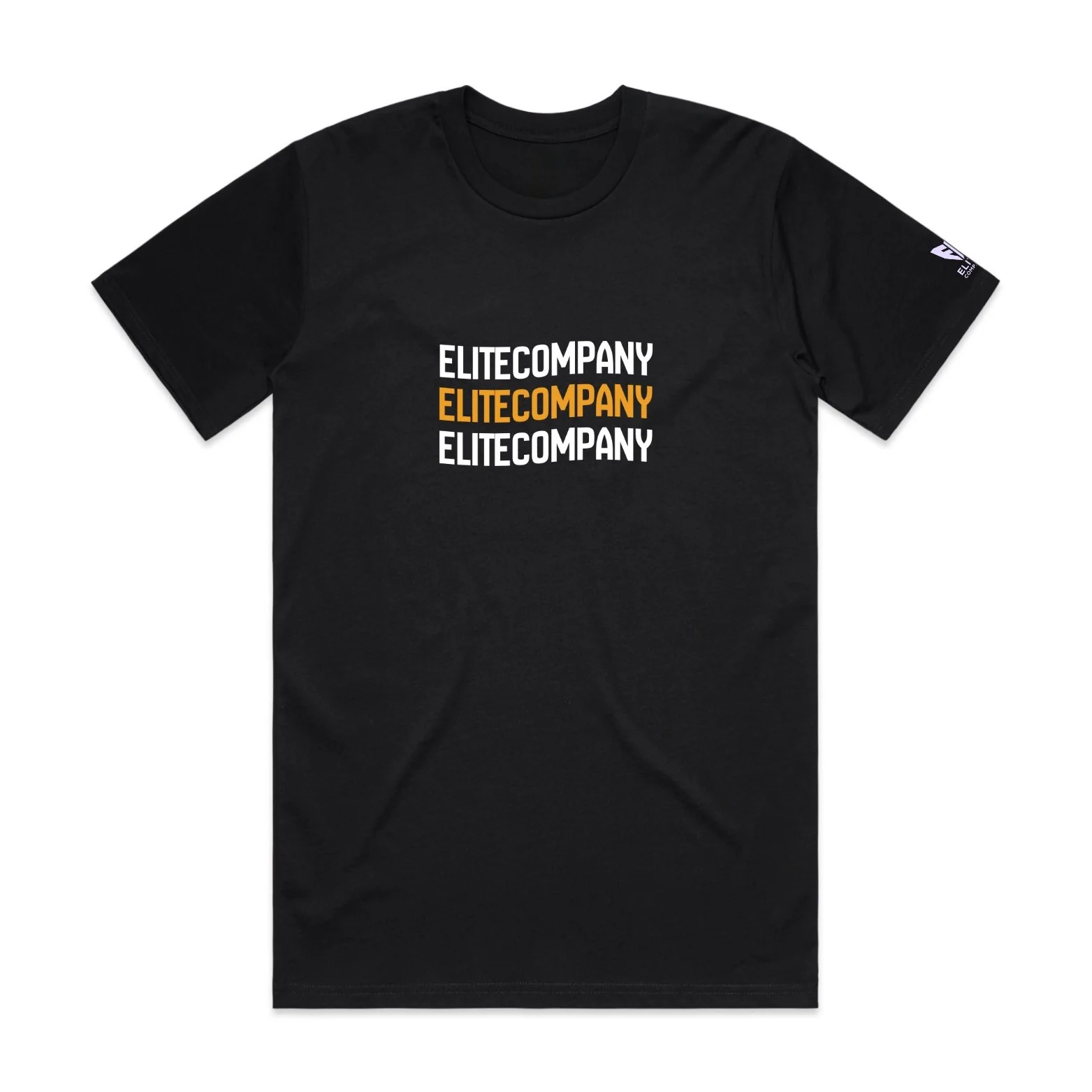 Black T-shirt with white and orange text reading 'ELITE COMPANY' repeated three times, with the middle instance in orange and the others in white.