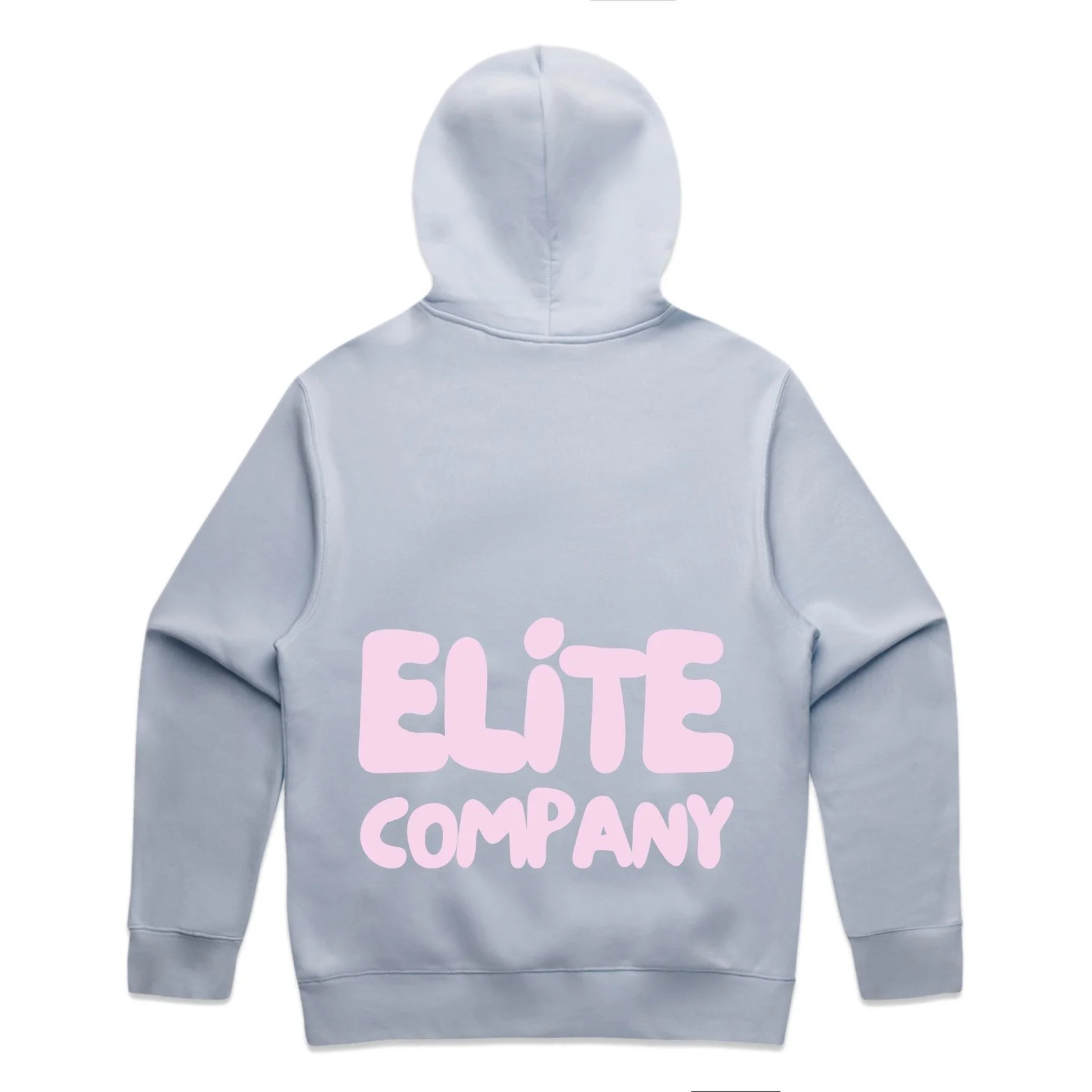 Back of a light gray hoodie with pink text reading 'ELITE COMPANY' printed on the back.