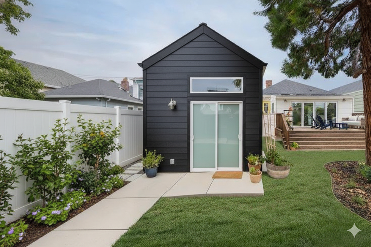 Backyard with a small black modern shed, potted plants, a concrete pathway, a white fence, and neighboring houses with decks and trees.