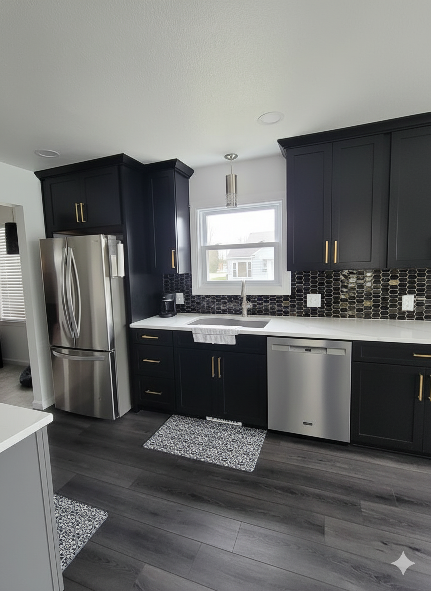 Modern kitchen with black cabinets, stainless steel appliances, a window above the sink, and a black mosaic tile backsplash.
