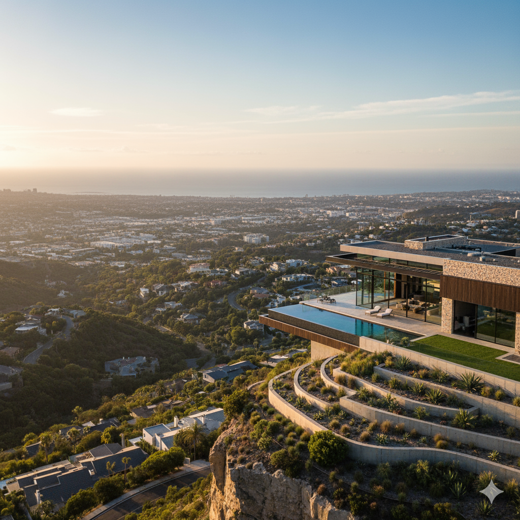A modern house with an infinity pool on a hillside overlooking a city and the ocean in the distance during sunset.
