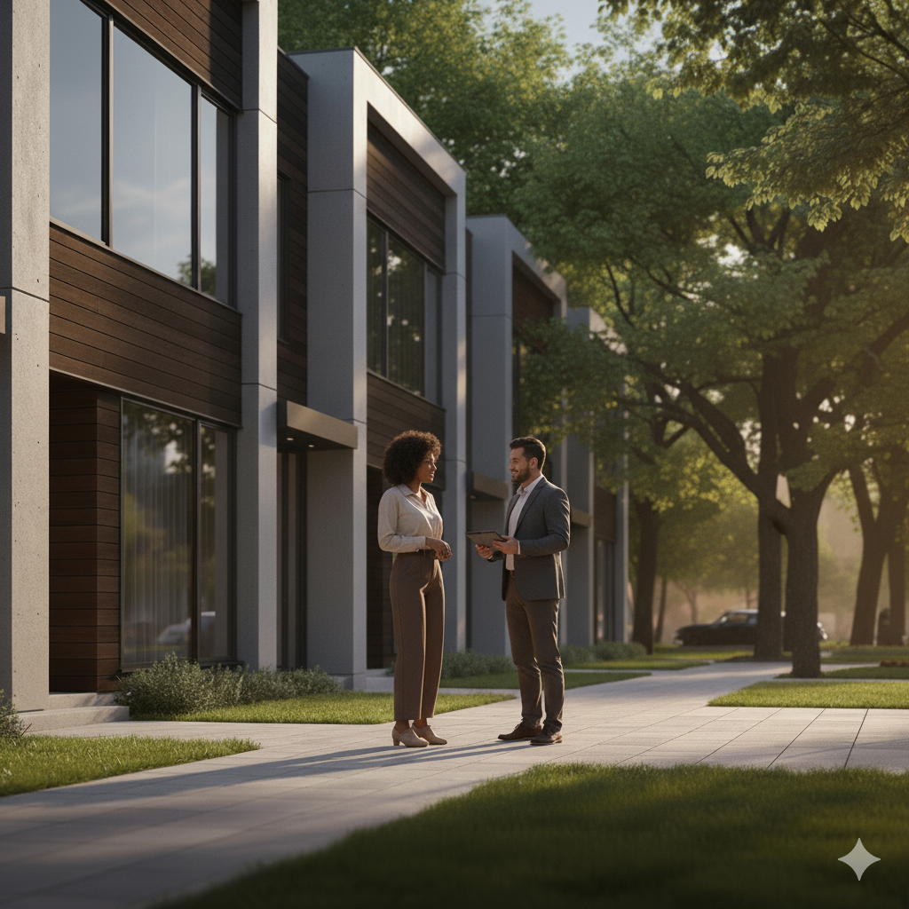 A man and woman in business attire having a conversation outside a modern apartment building on a sunny day, with trees and parked cars in the background.