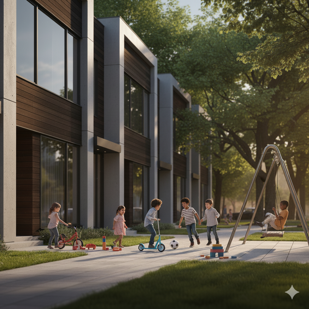 Children playing outside near a modern apartment building, with some riding scooters, playing with a soccer ball, and one child sitting on a swingset.