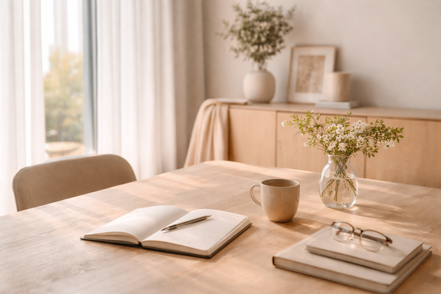 Neutral workspace representing intentional leadership and thoughtful business strategy.