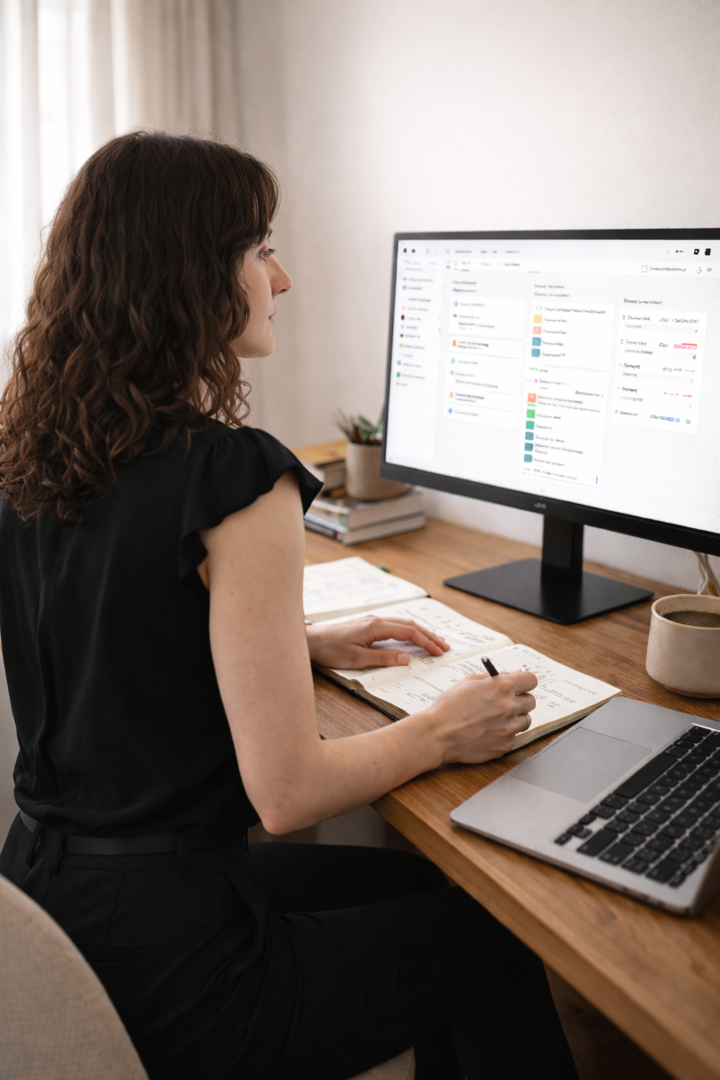 Professional reviewing workflows and systems on a computer screen, representing operations and systems support.