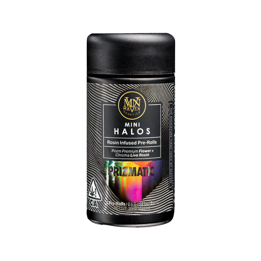 Black container of Mini Halos rosin-infused pre-rolls by MAVN, with black cap and colorful holographic label.