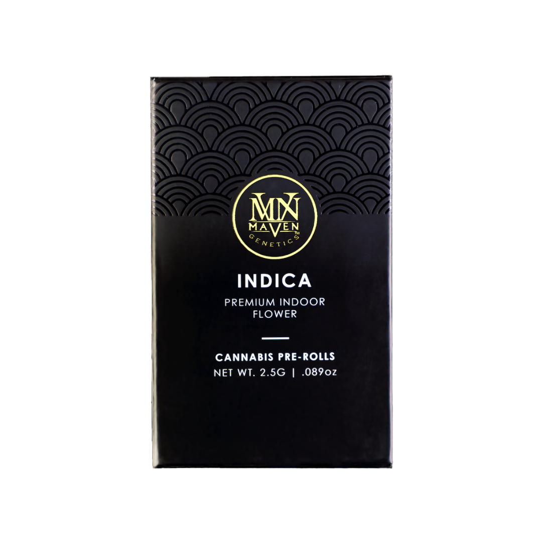Black packaging box of Maven Genetics Indica cannabis pre-rolls with gold logo and white text.