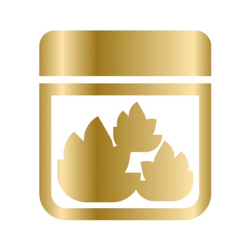 Gold-colored jar with a label featuring stylized leaves.
