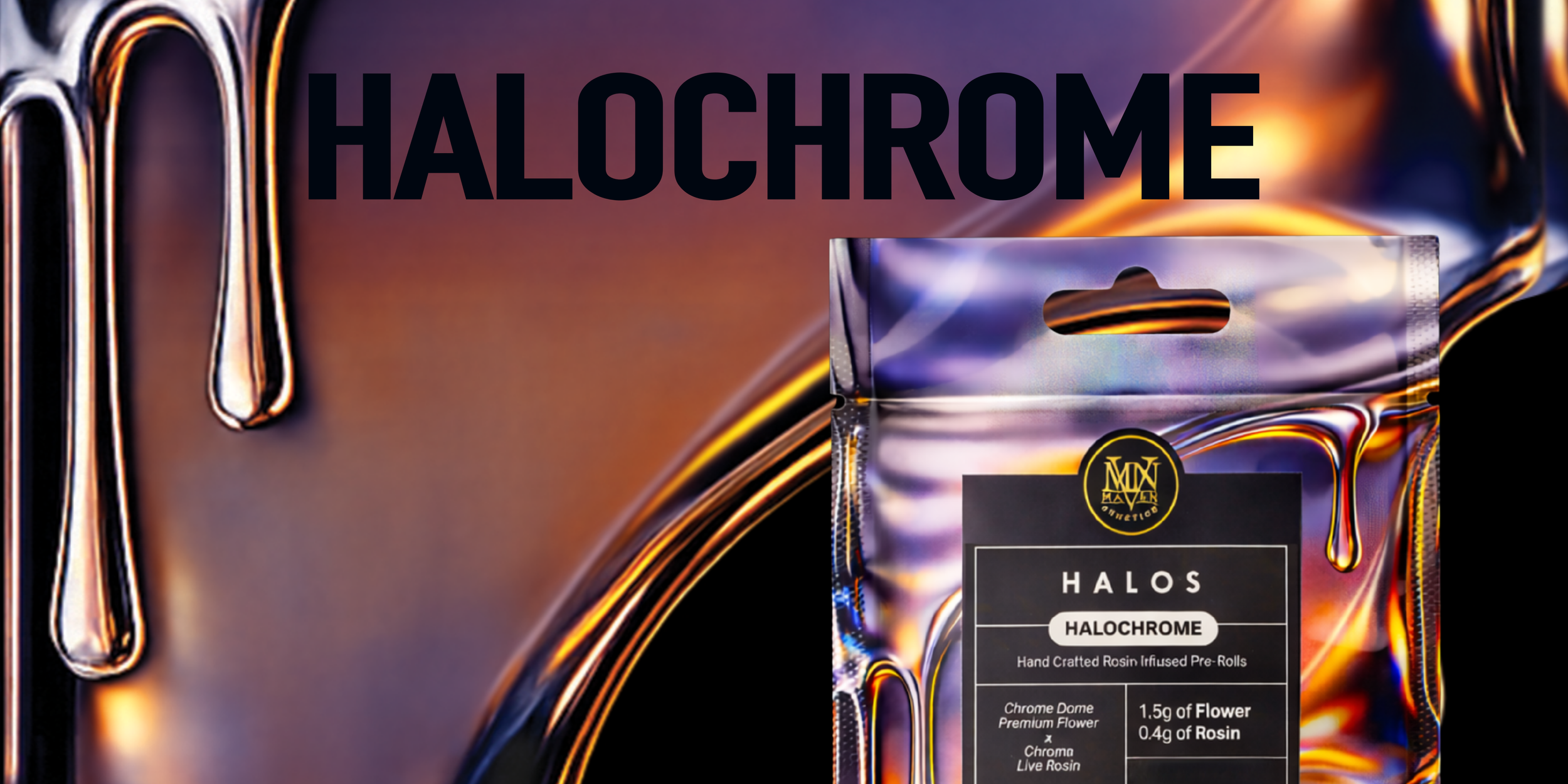Packaging of a product named HALOS featuring a holographic design with the word HALOCHROME in large black letters and a smaller black and white label with details about the product, which includes hand-crafted rosin infused pre-rolls with a chrome dome premium flower and a mix of flower and rosin.