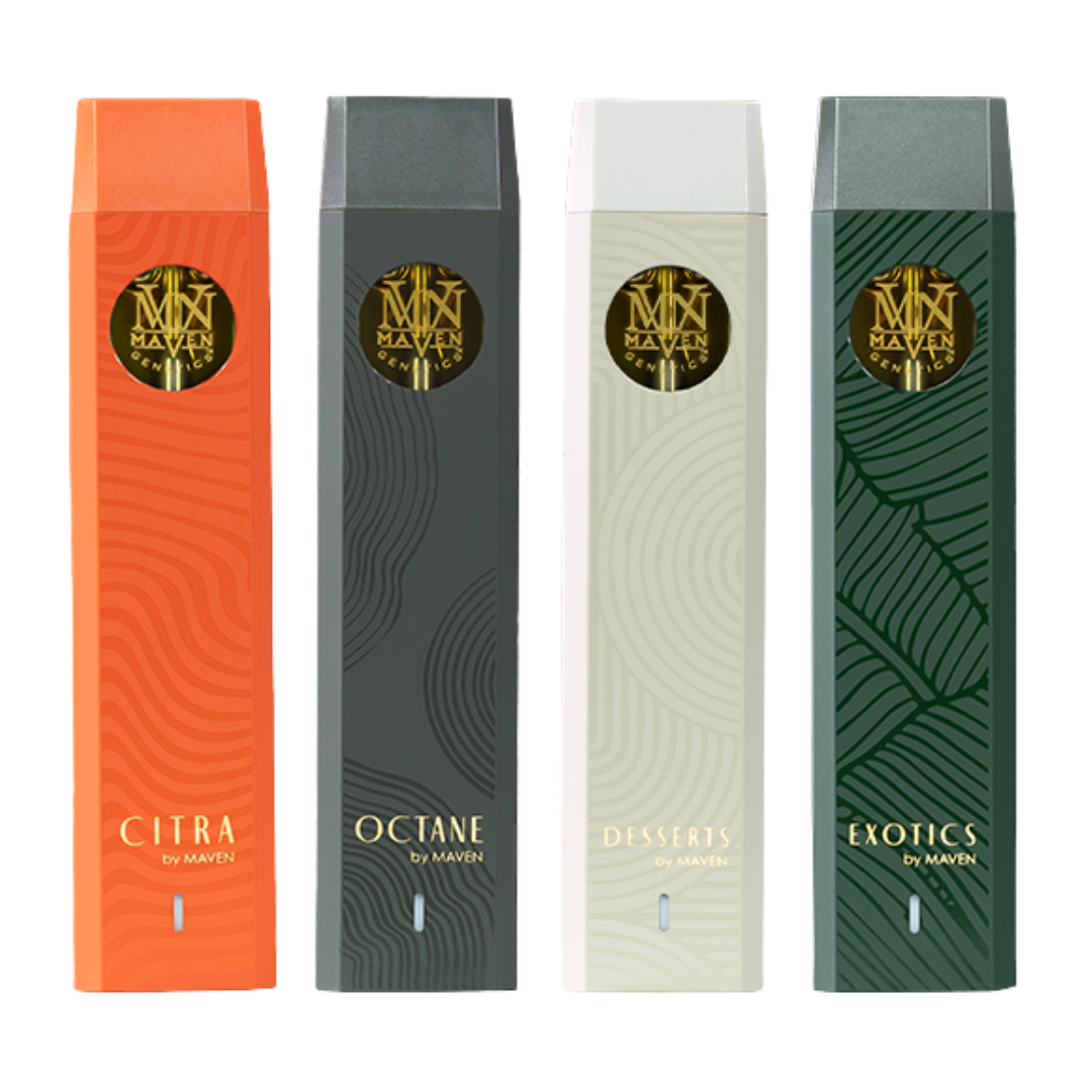 Four Alchemy vapes, respectively 'CITRA', 'OCTANE', 'DESSERTS', and 'EXOTICS'.