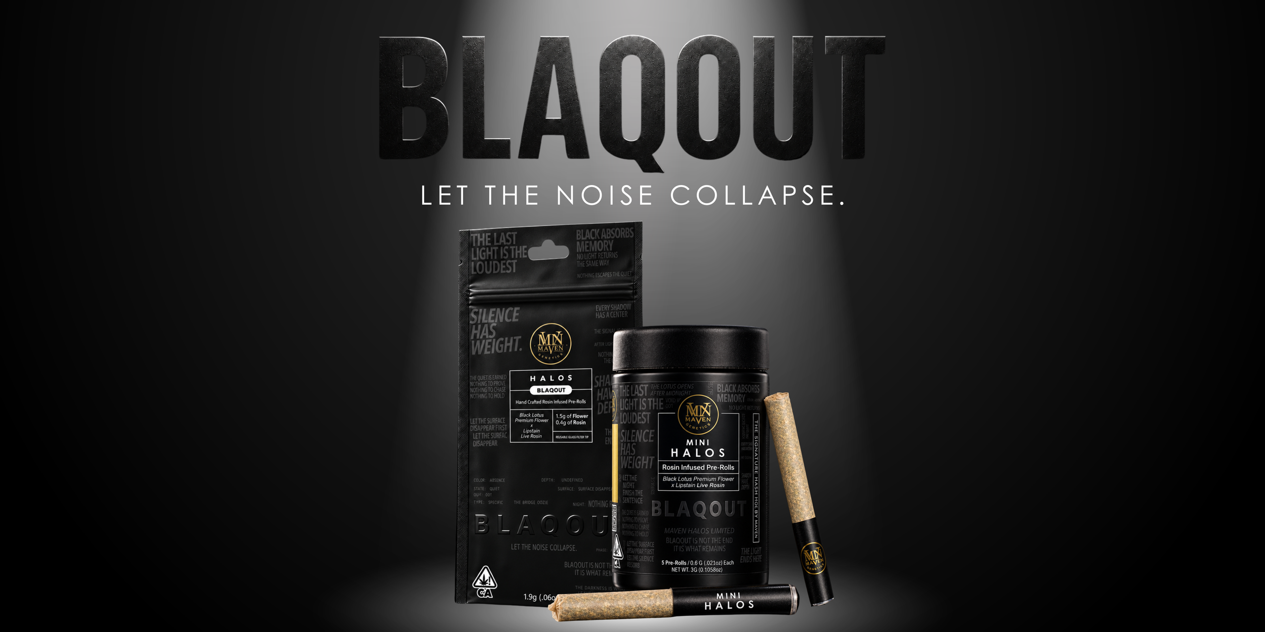 Packaging of a product named HALOS featuring  the word HALOCHROME in large black letters and a smaller black and white label with details about the product, which includes hand-crafted rosin infused pre-rolls with a chrome dome premium flower and a mix of flower and rosin.
