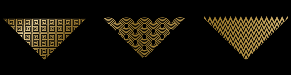 Three triangles consisting of gold emblematic patterns on a black background, featuring Maven's signature geometric designs.