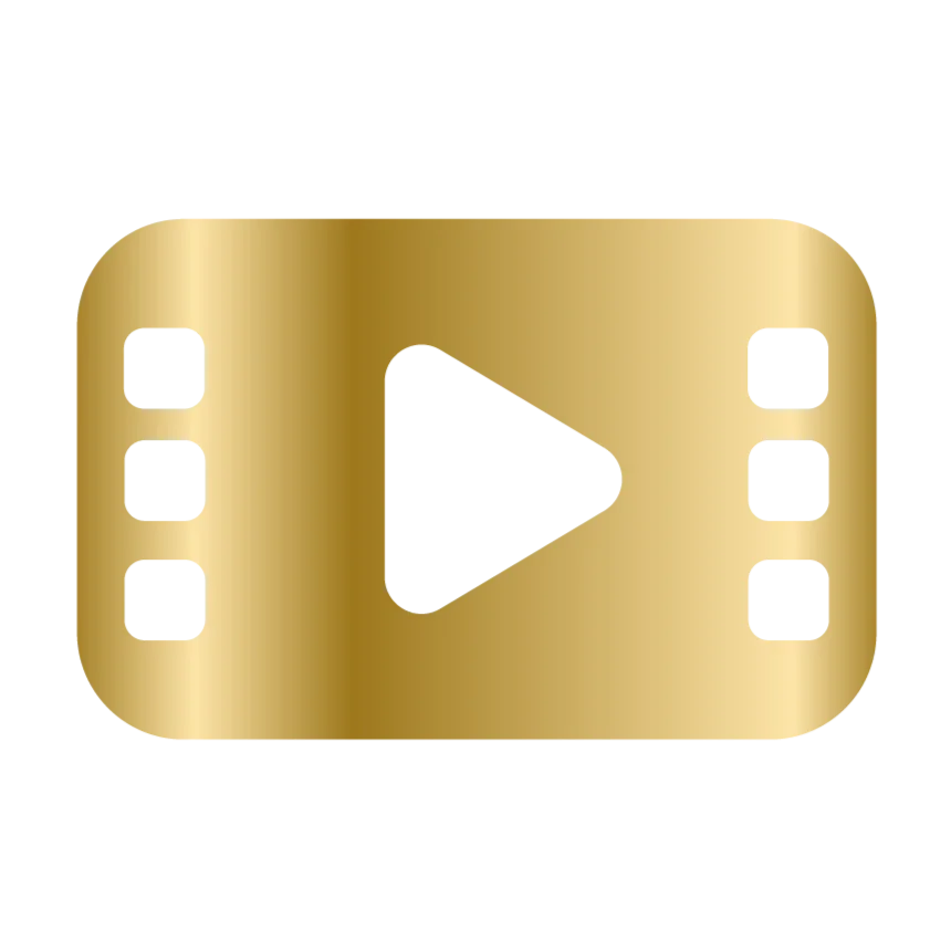 Gold-colored video play button icon with filmstrip edges.
