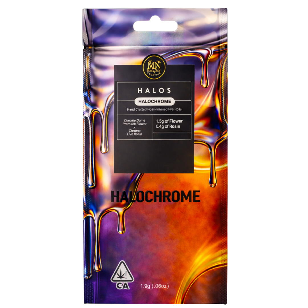 Packaging for Halochrome, Maven's rosin infused  "halos" with a holographic design featuring colorful, dripping liquid graphics.