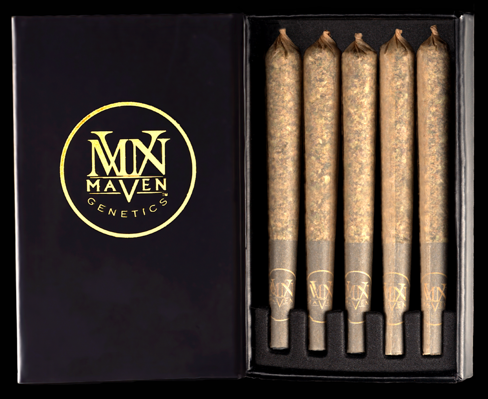A black open box of five hand-rolled cannabis joints with a gold 'MAVEN GENETICS' logo on the outside.