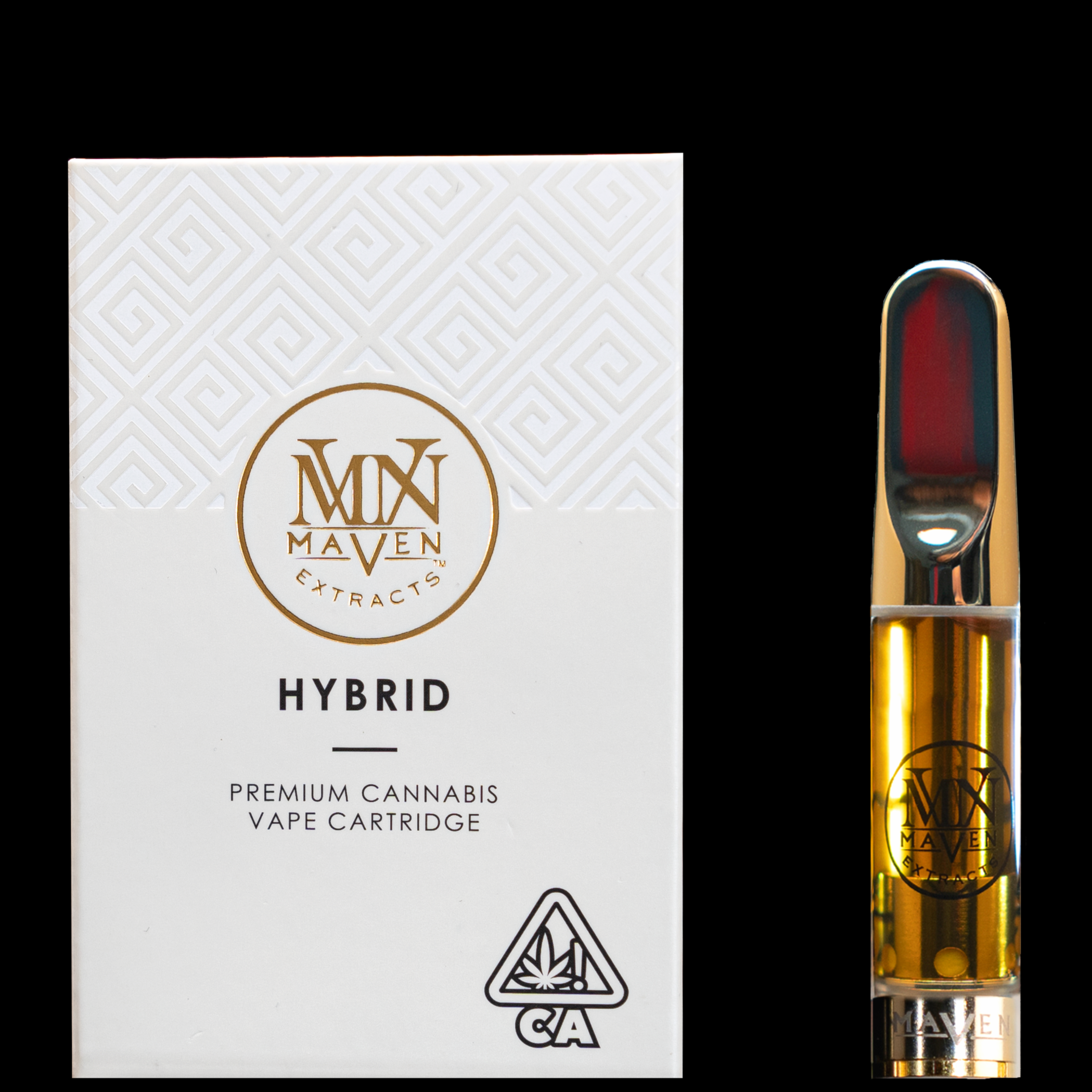 Box of Maven Ventures hybrid cannabis vape cartridge next to the cartridge with a black background.